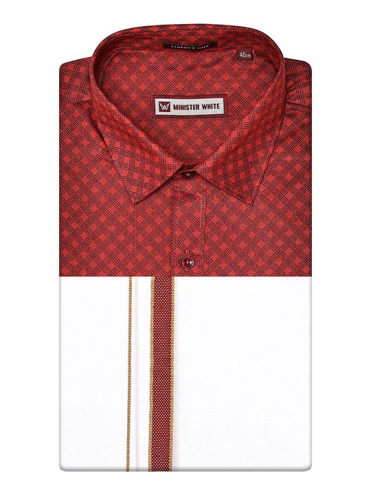Men's Cotton Red Color Printed Regular Fit Shirt with Matching Border Dhoti Posh