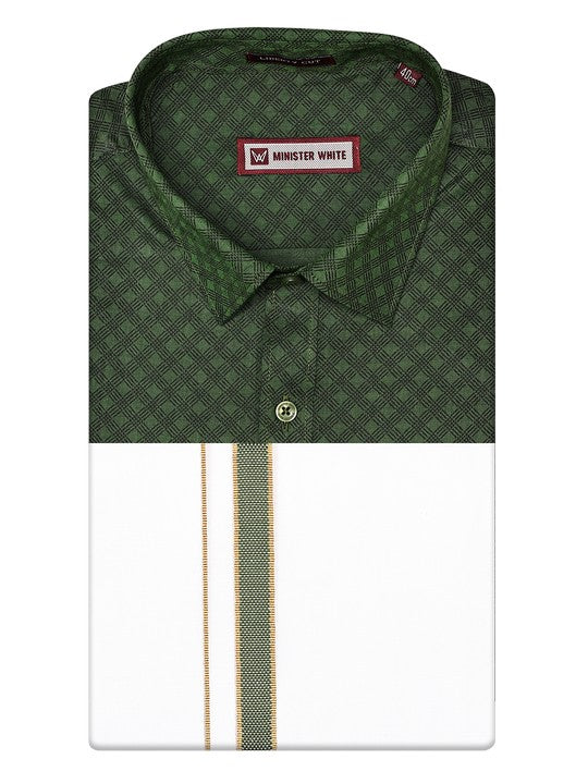Men's Cotton Green Color Printed Regular Fit Shirt with Matching Border Dhoti Posh