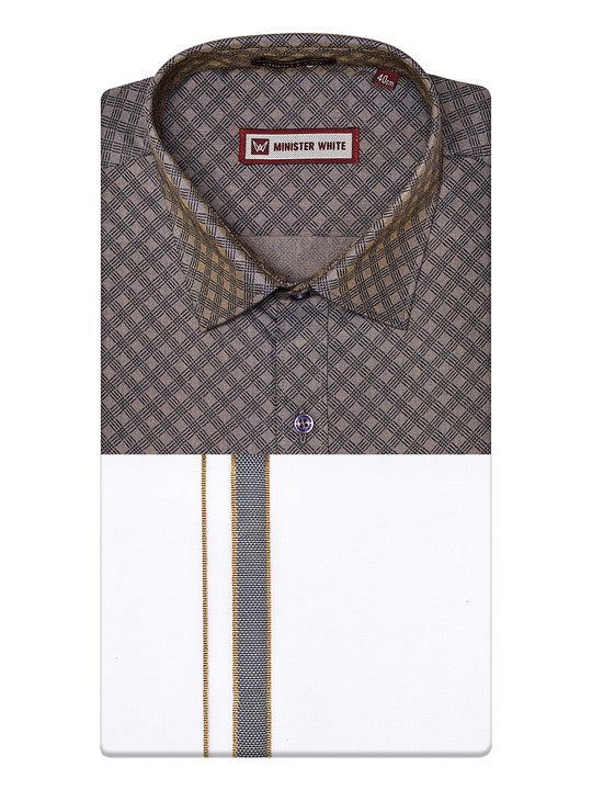 Men's Cotton Grey Color Printed Regular Fit Shirt with Matching Border Dhoti Posh