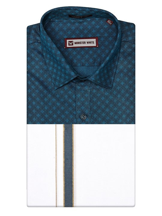Men's Cotton Blue Color Printed Regular Fit Shirt with Matching Border Dhoti Posh