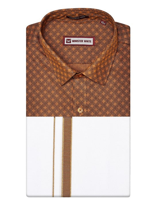 Men's Cotton Brown Color Printed Regular Fit Shirt with Matching Border Dhoti Posh
