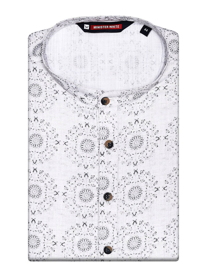Men’s White Cotton Printed Kurta with Circular Motif Design 30053