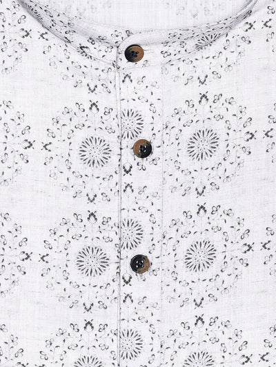 Men’s White Cotton Printed Kurta with Circular Motif Design 30053