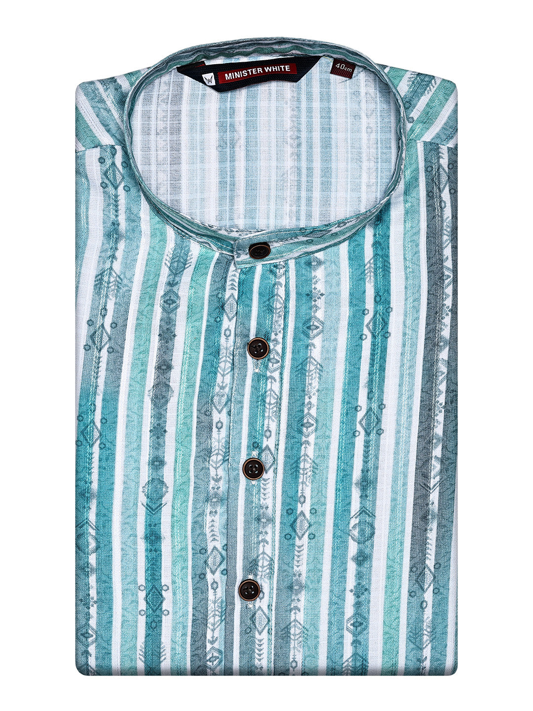 Men’s White & Teal Striped Ikat Printed Cotton Kurta 11003