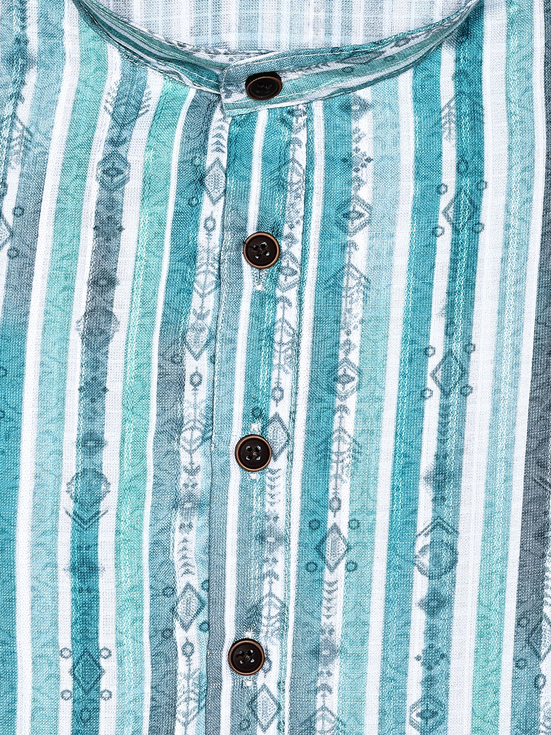 Men’s White & Teal Striped Ikat Printed Cotton Kurta 11003