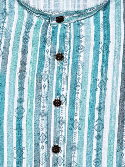 Men’s White & Teal Striped Ikat Printed Cotton Kurta 11003