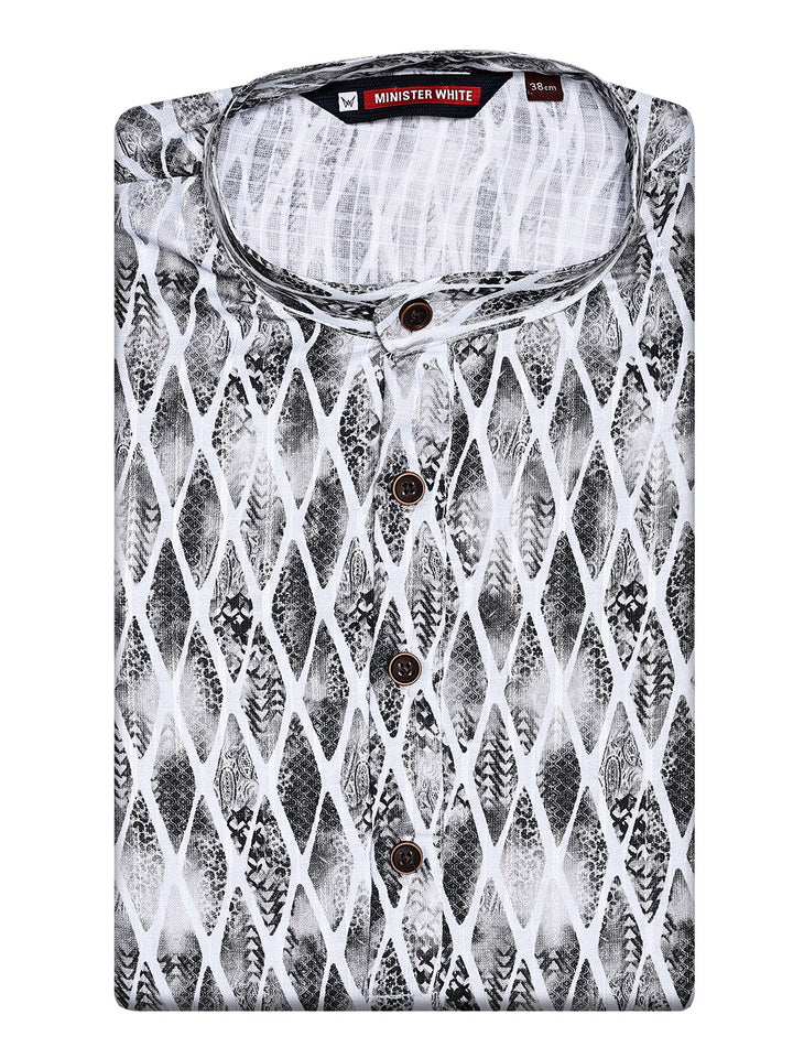 Men's White and Black Abstract Printed Cotton Mandarin Collar Kurta 11003