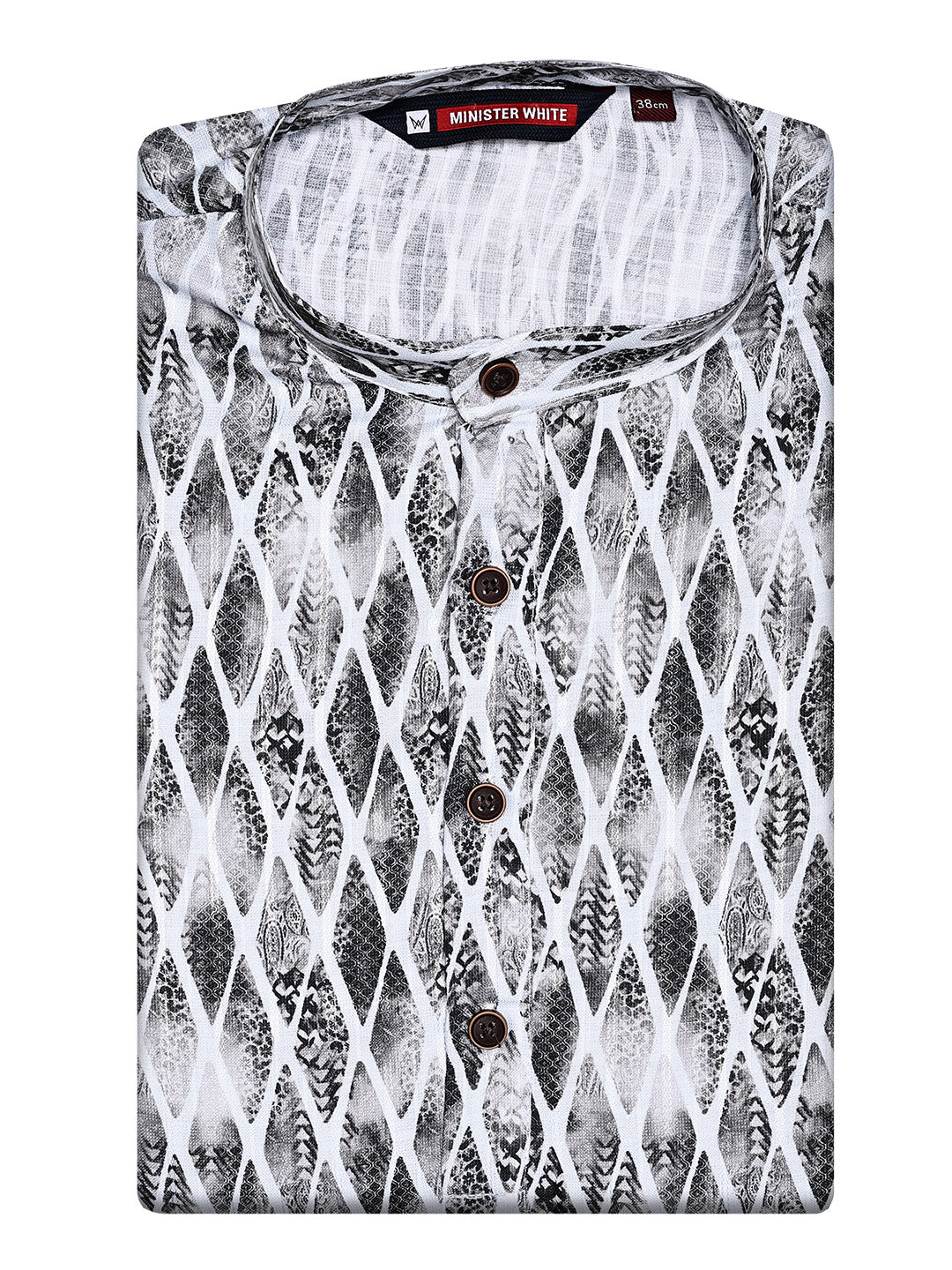 Men's White and Black Abstract Printed Cotton Mandarin Collar Kurta 11003