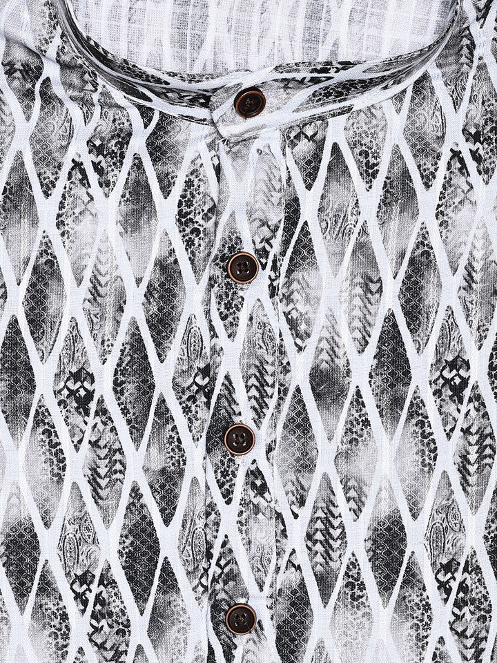 Men's White and Black Abstract Printed Cotton Mandarin Collar Kurta 11003