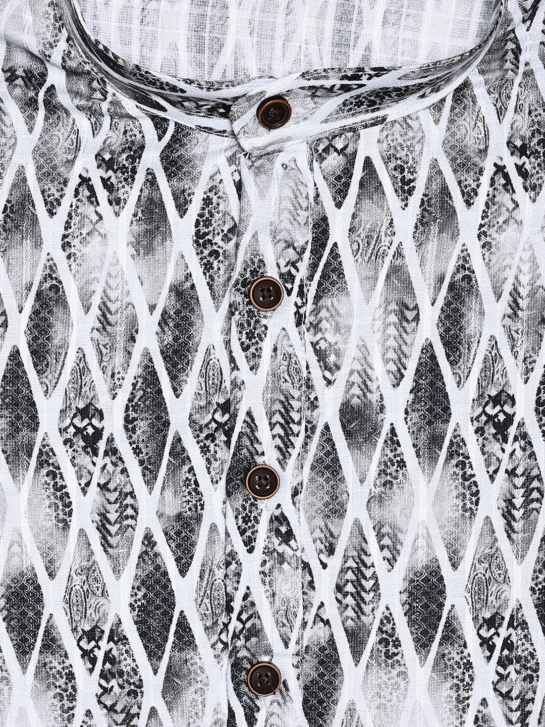 Men's White and Black Abstract Printed Cotton Mandarin Collar Kurta 11003