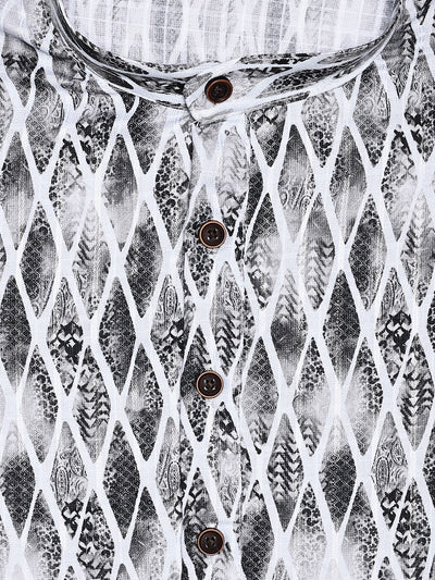 Men's White and Black Abstract Printed Cotton Mandarin Collar Kurta 11003