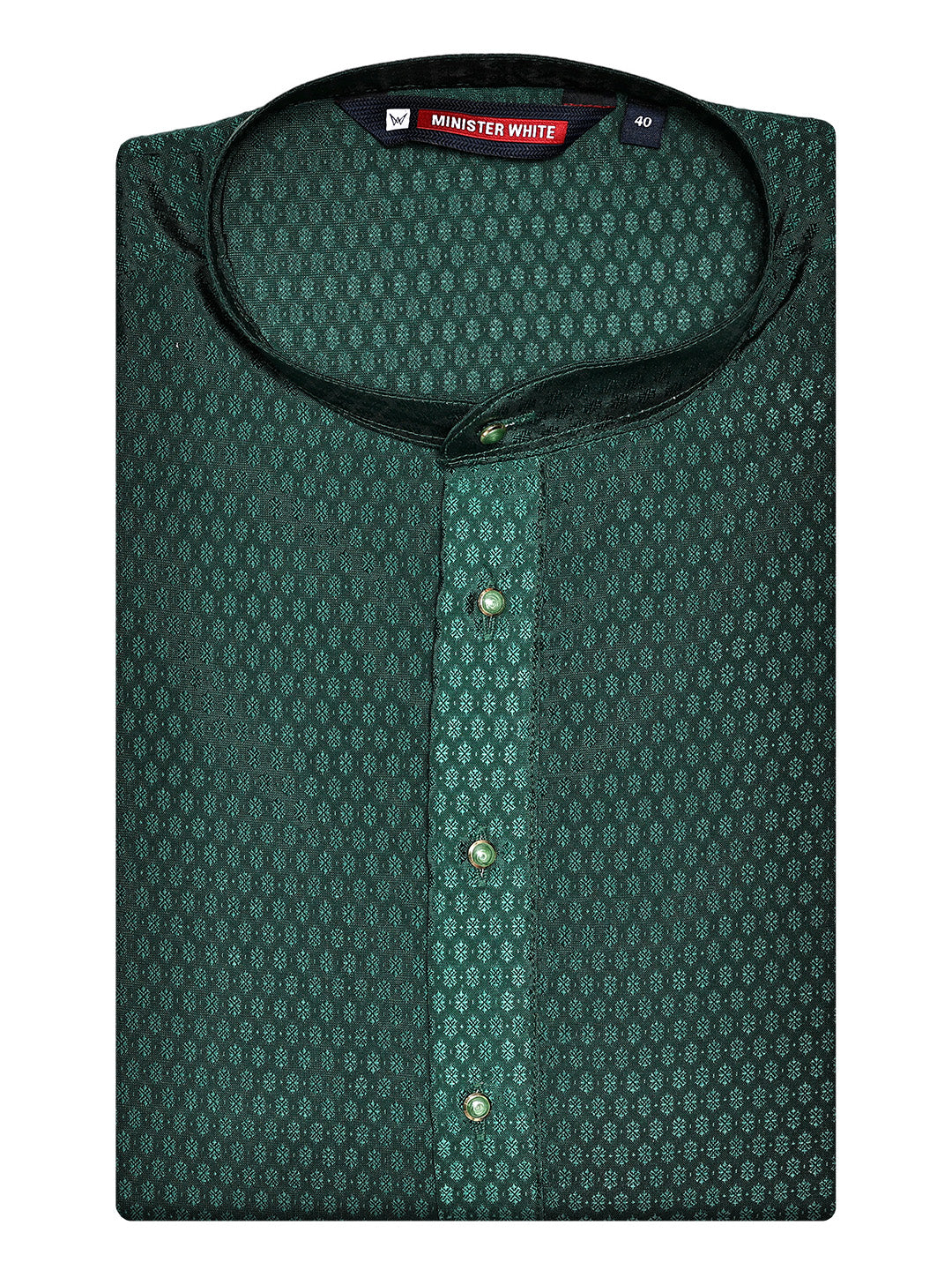Men’s Bottle Green Jacquard Printed Mandarin Collar Kurta 11007