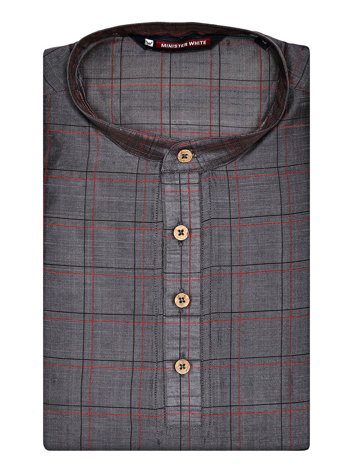 Men's Cotton Blend Grey with Red Checked Mandarin Collar Kurta 10127