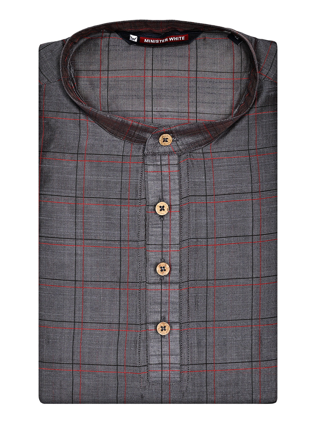 Men's Cotton Blend Grey with Red Checked Mandarin Collar Kurta 10127