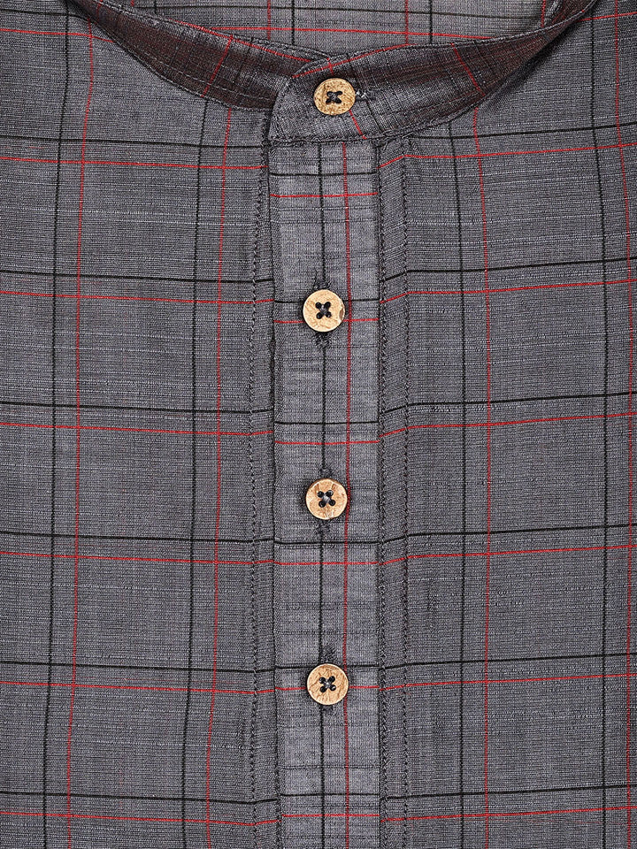 Men's Cotton Blend Grey with Red Checked Mandarin Collar Kurta 10127
