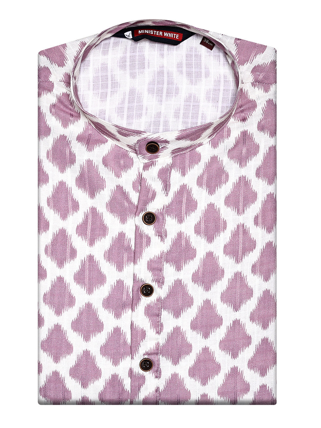 Men's White and Lavender Ikat Printed Cotton Mandarin Collar Kurta 11003
