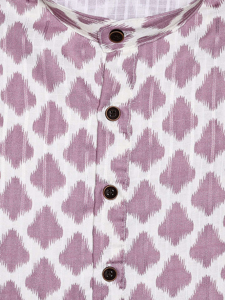 Men's White and Lavender Ikat Printed Cotton Mandarin Collar Kurta 11003