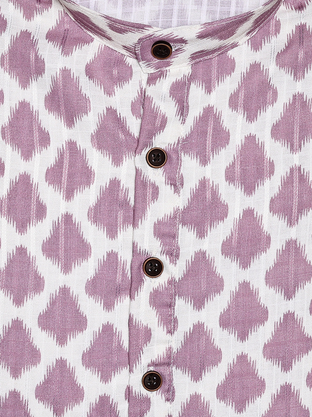 Men's White and Lavender Ikat Printed Cotton Mandarin Collar Kurta 11003