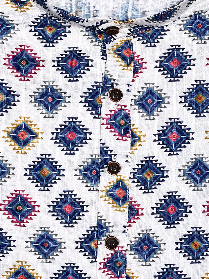 Men's Cotton White Multicolor Printed Mandarin Collar Kurta 11003