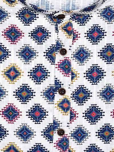 Men's Cotton White Multicolor Printed Mandarin Collar Kurta 11003