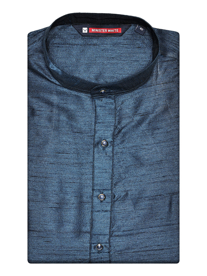 Men's Dupion Satin Navy Blue Mandarin Collar Kurta 11001