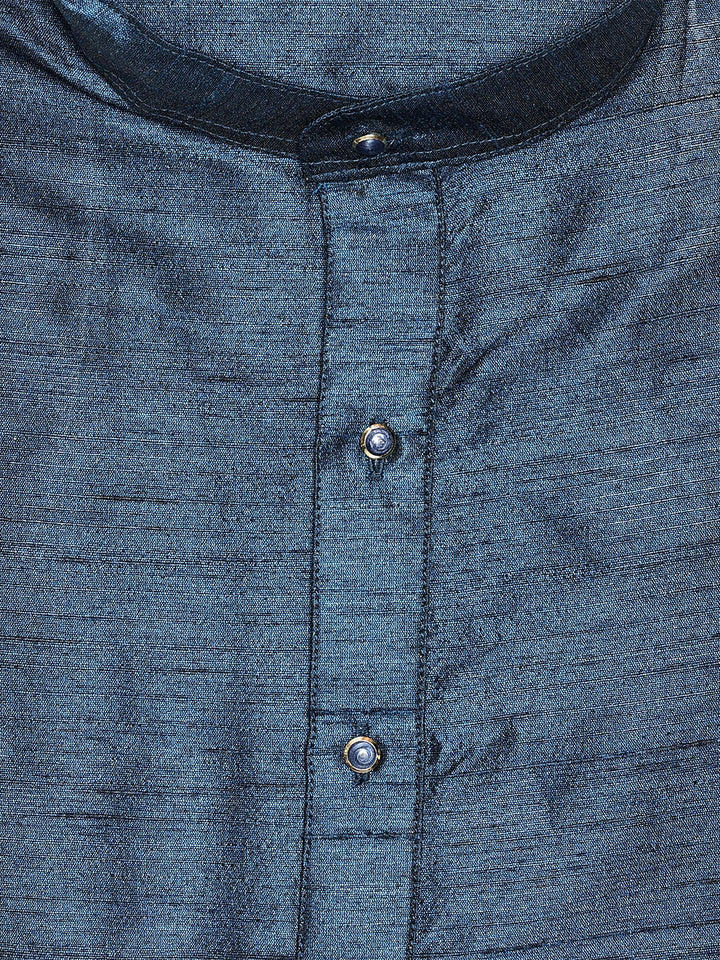 Men's Dupion Satin Navy Blue Mandarin Collar Kurta 11001