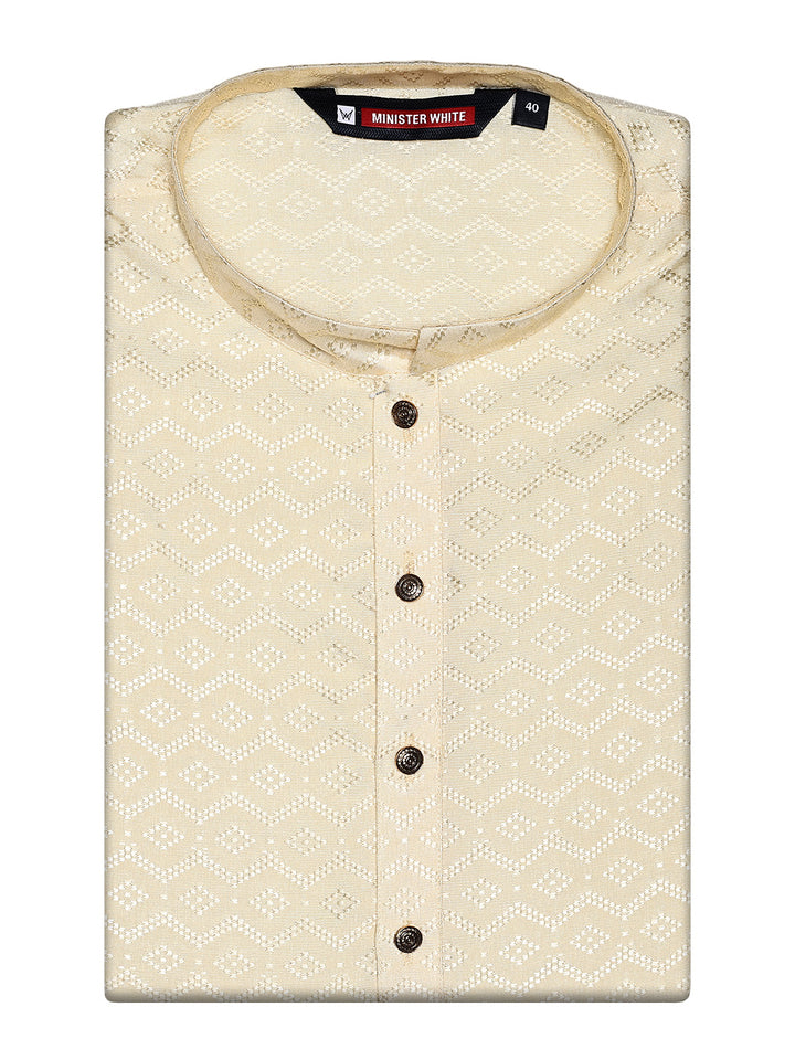 Men’s Beige Geometric Jacquard Printed Mandarin Collar Kurta 30001