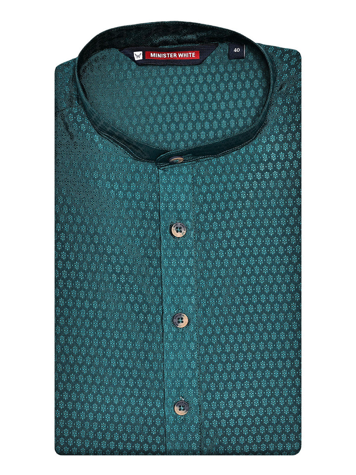 Men’s Teal Green Jacquard Printed Mandarin Collar Kurta 11007