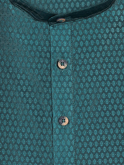 Men’s Teal Green Jacquard Printed Mandarin Collar Kurta 11007