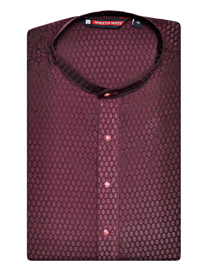 Men’s Wine Jacquard Printed Mandarin Collar Kurta 11007
