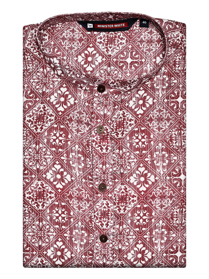 Men’s Maroon and White Printed Cotton Heritage Pattern Kurta 30016