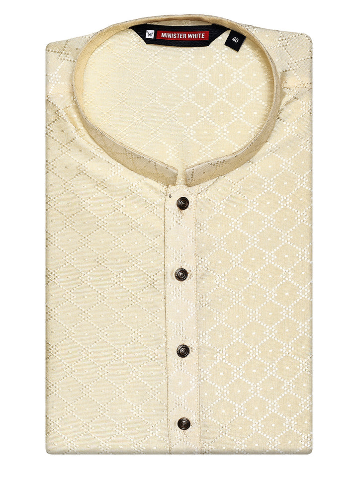 Men’s Beige Geometric Jacquard Printed Mandarin Collar Kurta 30002