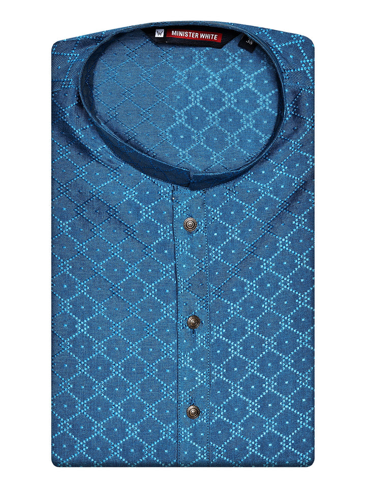 Men’s Teal Blue Geometric Jacquard Printed Mandarin Collar Kurta 30002