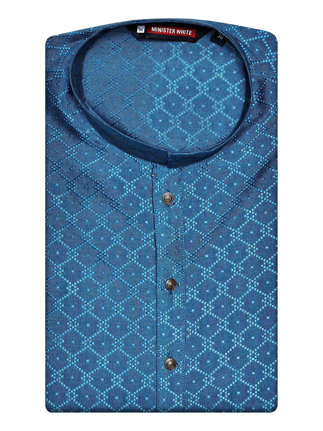 Men’s Teal Blue Geometric Jacquard Printed Mandarin Collar Kurta 30002