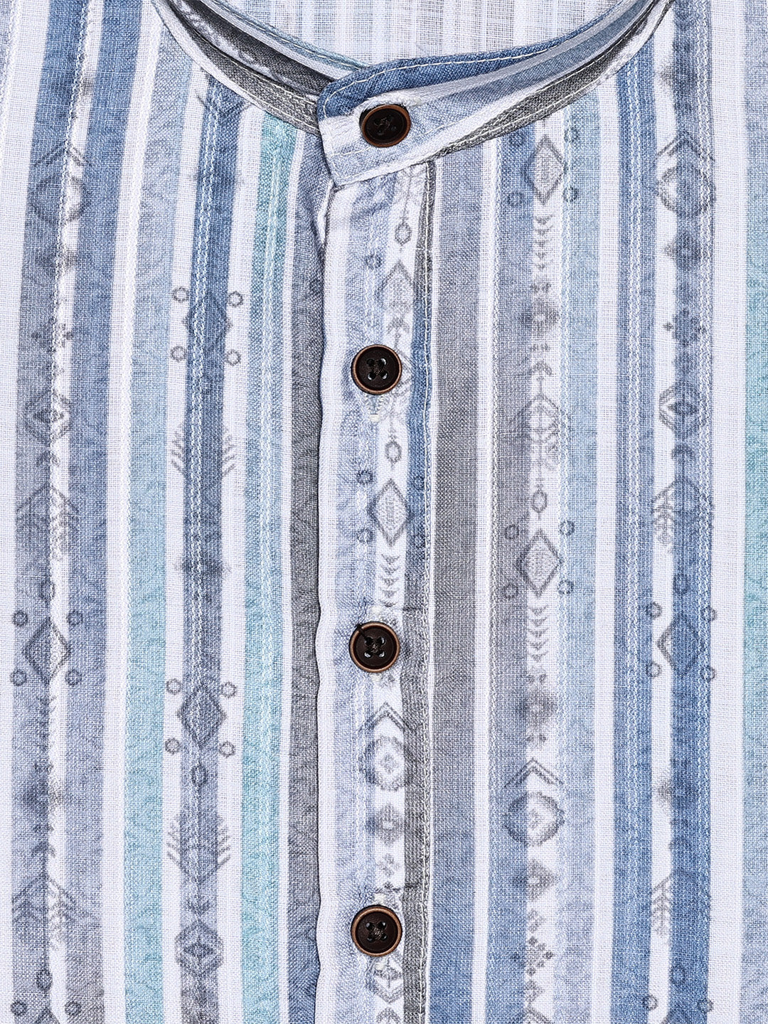 Men’s White & Blue Striped Ikat Printed Mandarin Collar Cotton Kurta 11003