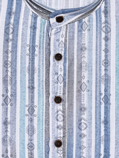 Men’s White & Blue Striped Ikat Printed Mandarin Collar Cotton Kurta 11003