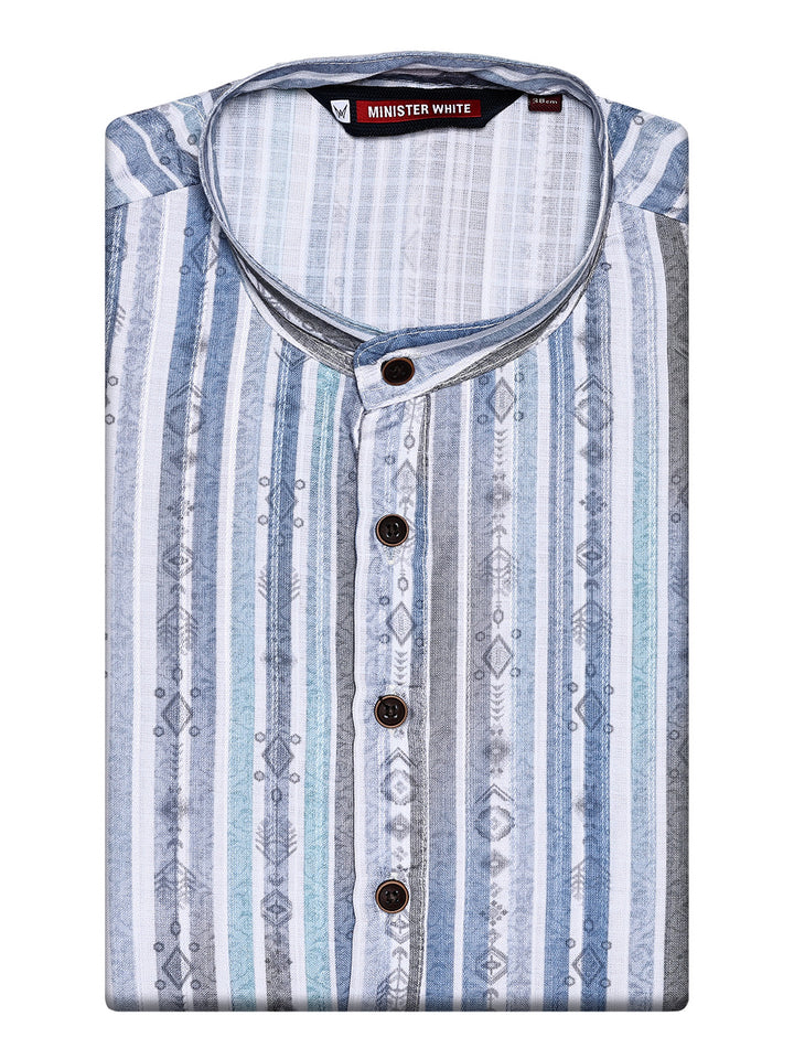 Men’s White & Blue Striped Ikat Printed Mandarin Collar Cotton Kurta 11003