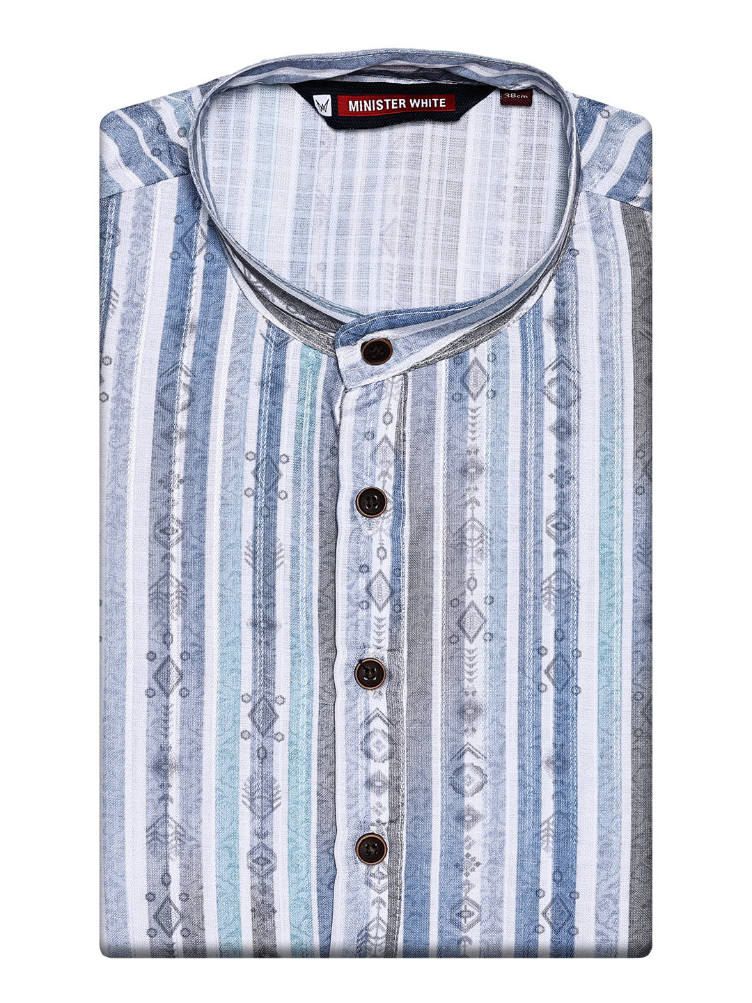 Men’s White & Blue Striped Ikat Printed Mandarin Collar Cotton Kurta 11003