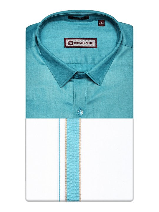 Men's Teal Blue Shirt with Matching Fancy Border Dhoti Combo Haiku