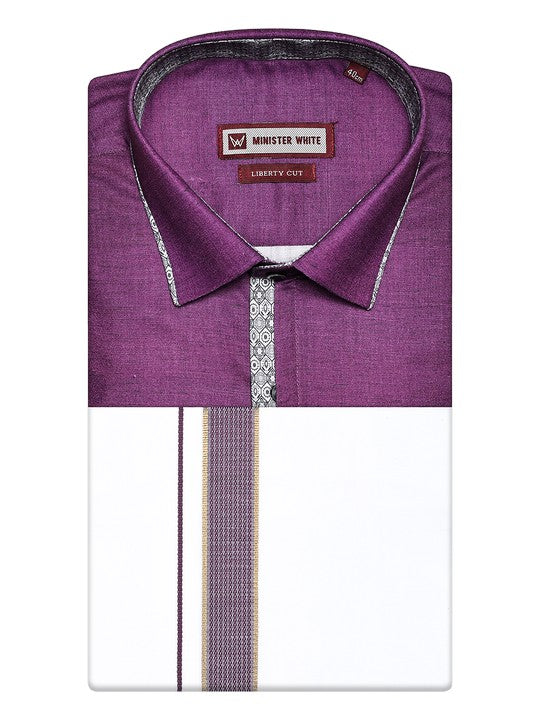 Men's Cotton Purple Color Regular Fit Shirt with Matching Border Dhoti Impress Print