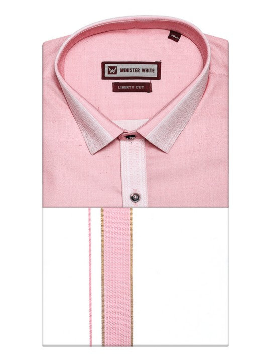 Men's Cotton Peach Color Regular Fit Shirt with Matching Border Dhoti Impress Print
