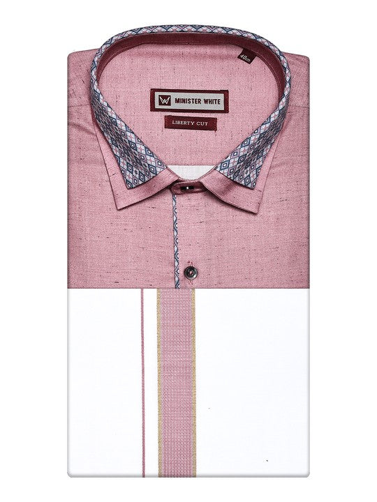 Men's Cotton Dark Pink Color Regular Fit Shirt with Matching Border Dhoti Impress Print