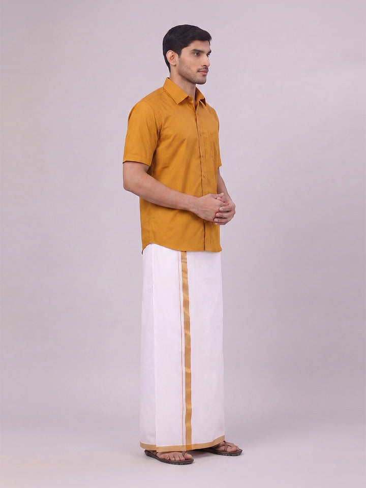 Mens Cotton Golden Yellow Matching Shirt and Dhoti Combo Luster