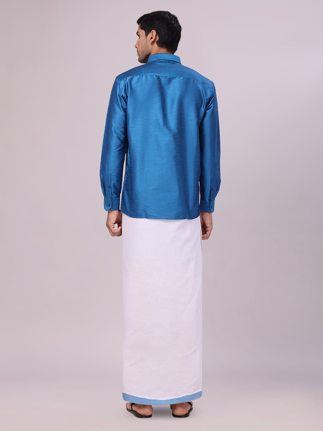  Men's Blue Dupion Satin Color Shirt with Matching Border Dhoti Combo Gora back pose