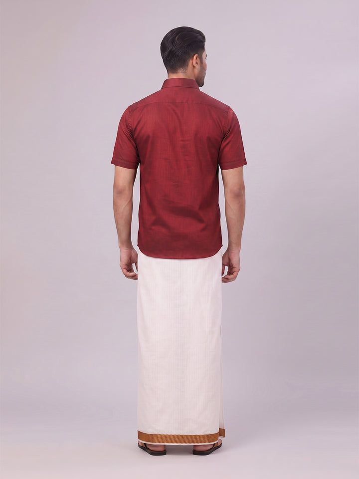Men's Cotton Maroon Shirt and Airtex Matching Border Dhoti Combo Nector