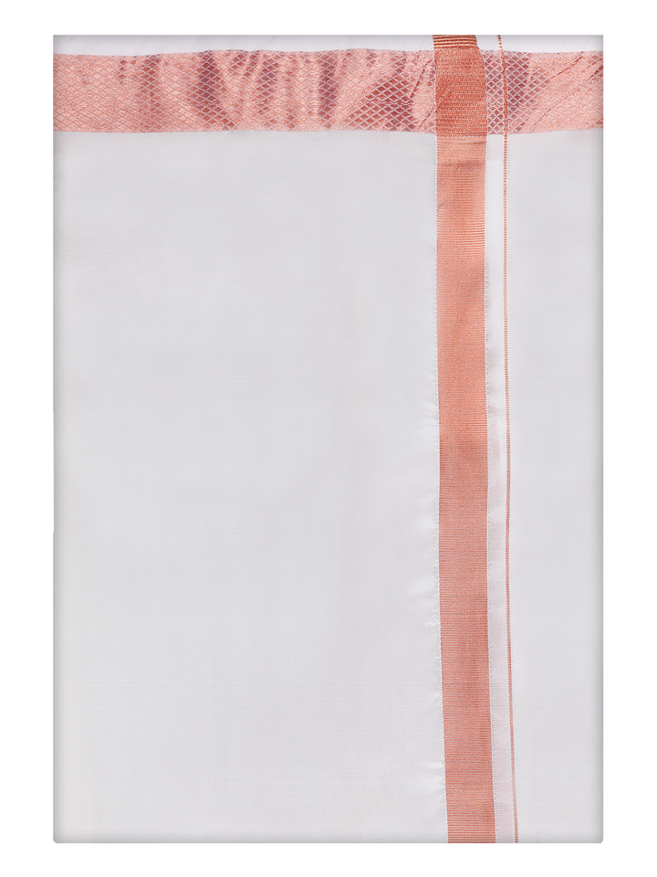 Men's Art Silk Half White Copper Jari Border Dhoti Finesse 