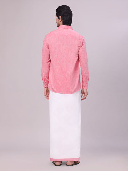 Men's Pink Color Cotton Shirt with Matching Border Dhoti Combo back pose