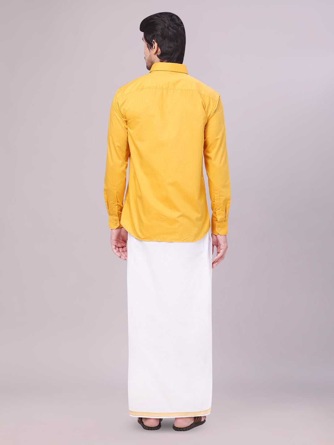 Men's Yellow Shirt with Matching Border Dhoti Combo Pinto back pose