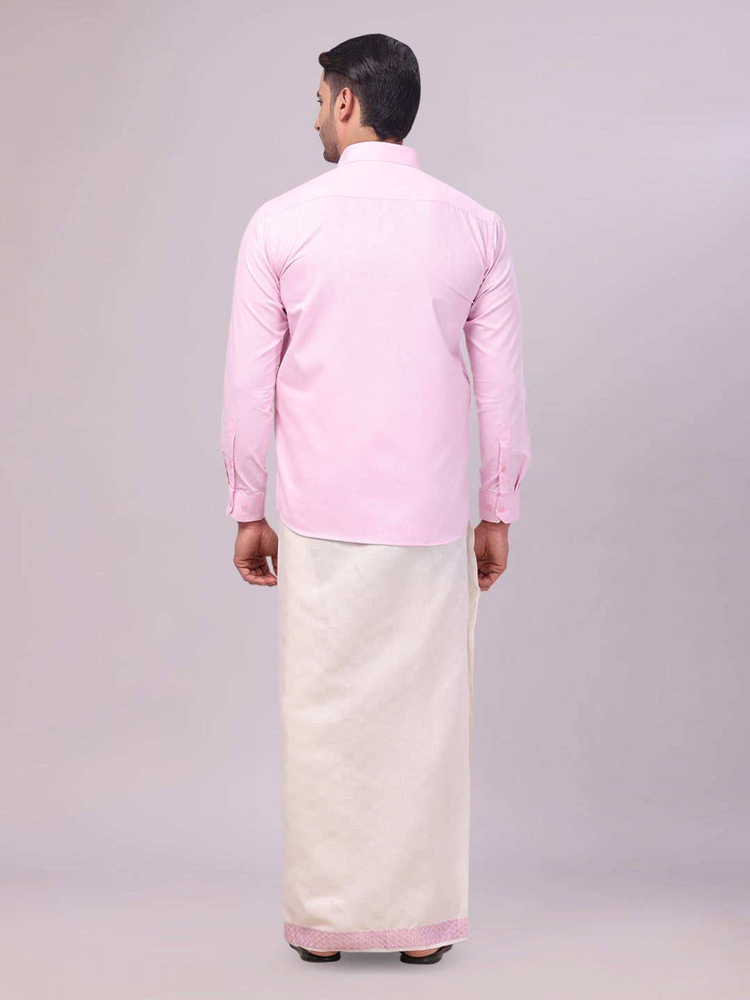 Men's Cotton Light Rose Shirt and Airtex Matching Border Dhoti Combo Nector back pose