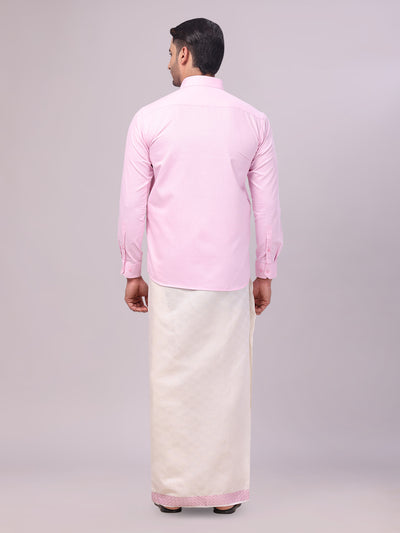 Mens Cotton Light Rose Shirt and Airtex Matching Border Dhoti Combo Nector